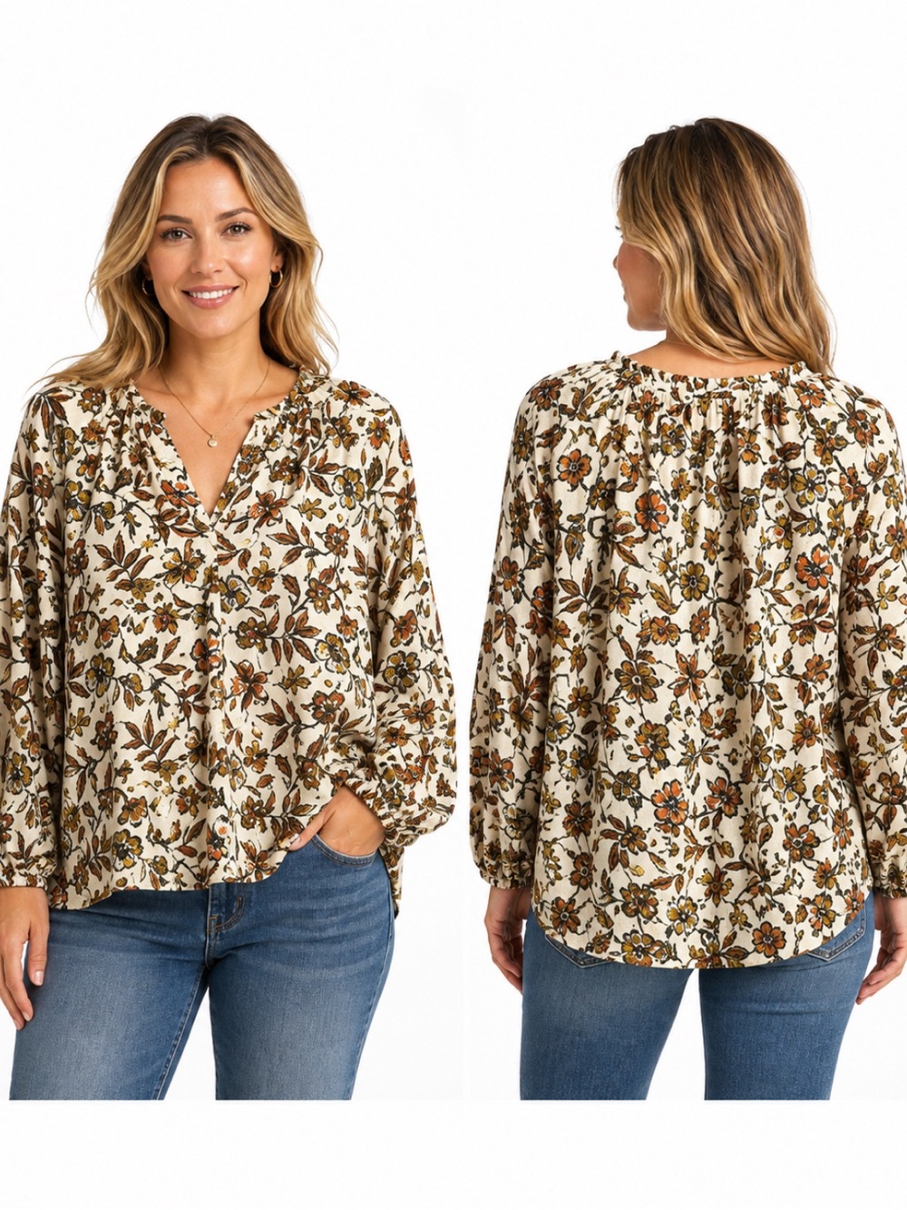 Faherty Portia Indee Floral Linen Blend Peasant Ruffle Neck Long Sleeve Blouse